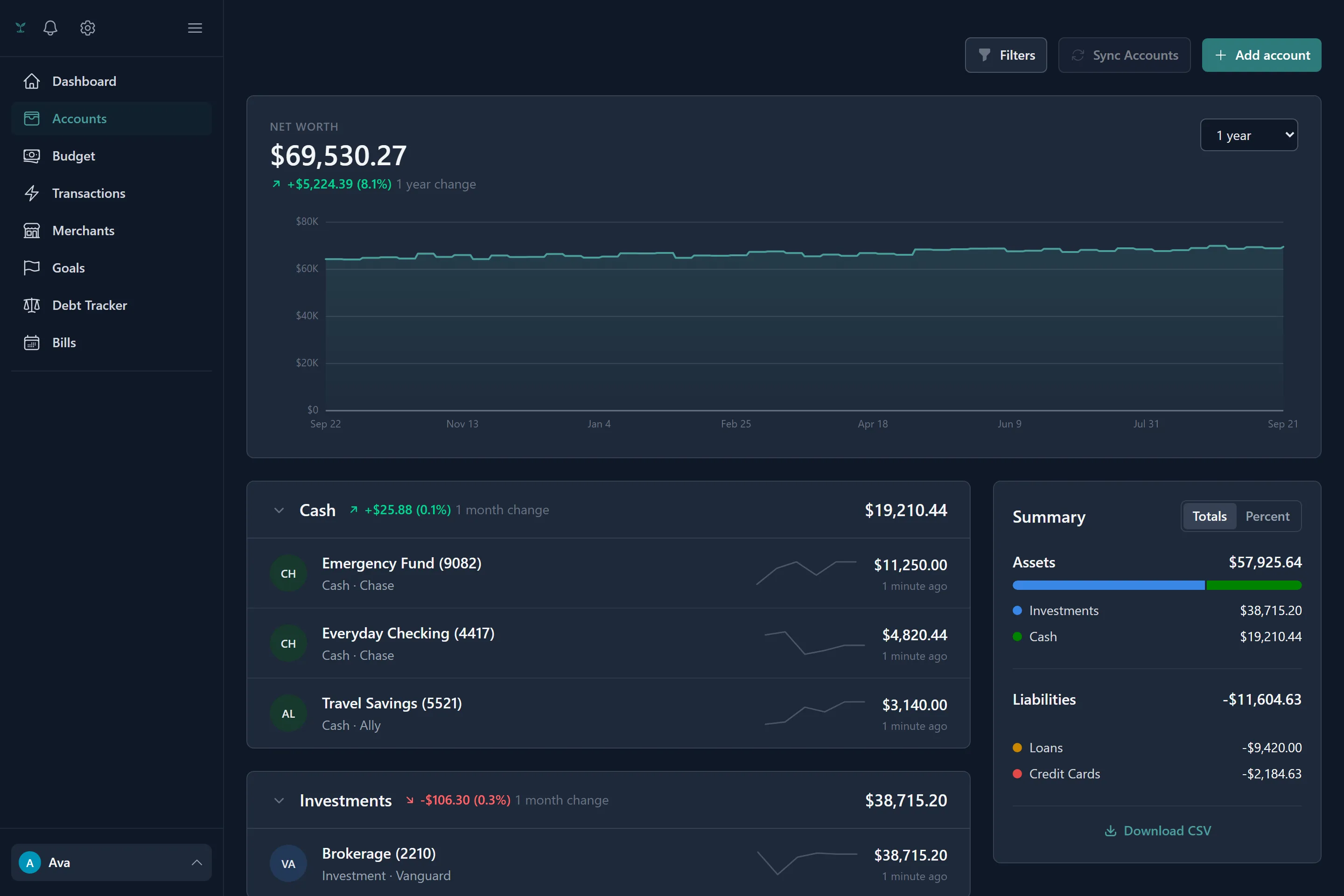 The accounts screen showing net worth over the last six months with accounts grouped by type.