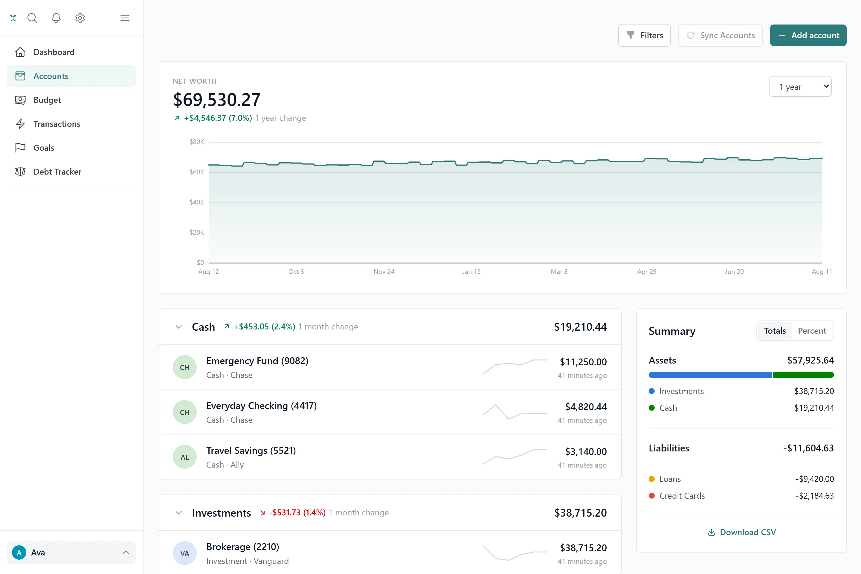 The accounts screen with a net worth chart over six months and accounts grouped by type.