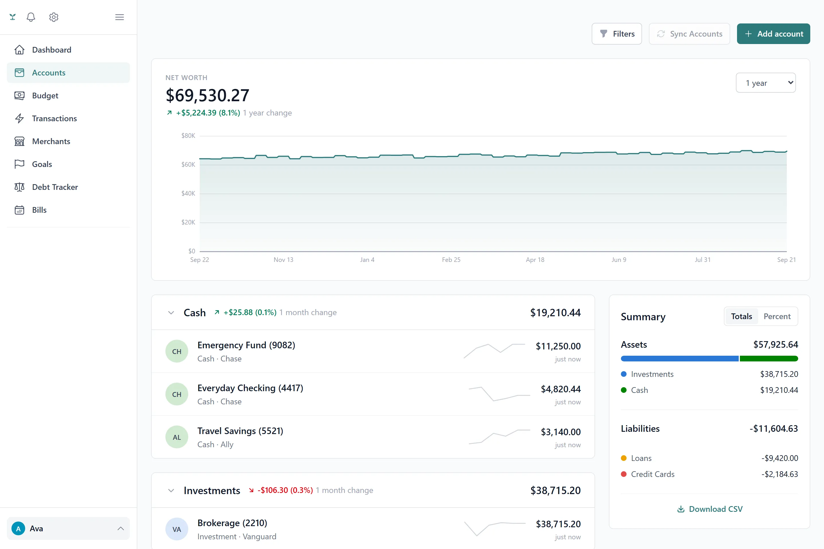 The accounts screen showing net worth over the last six months with accounts grouped by type.