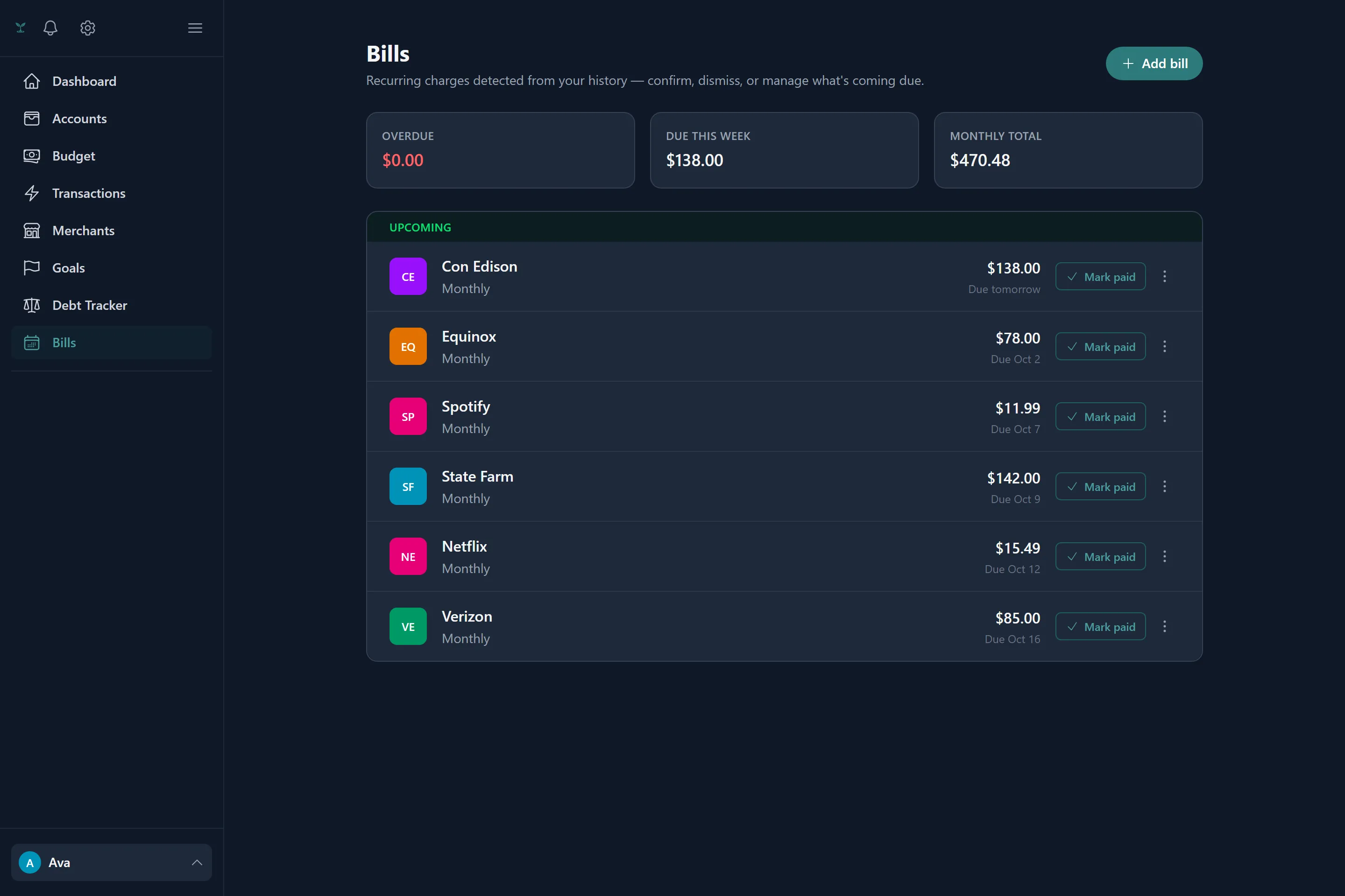 The recurring bills list showing upcoming, overdue and suggested bills.