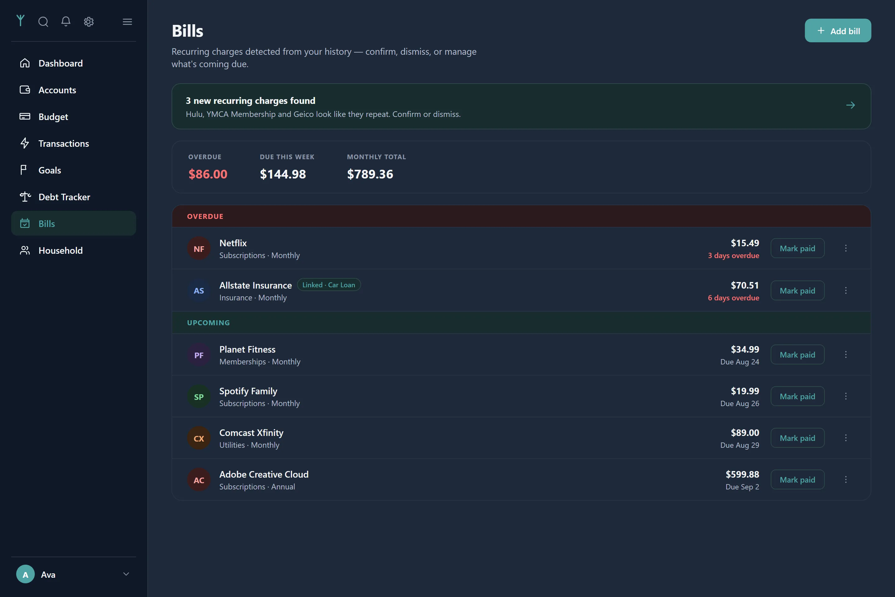 The bills screen with detected recurring charges grouped into overdue and upcoming.