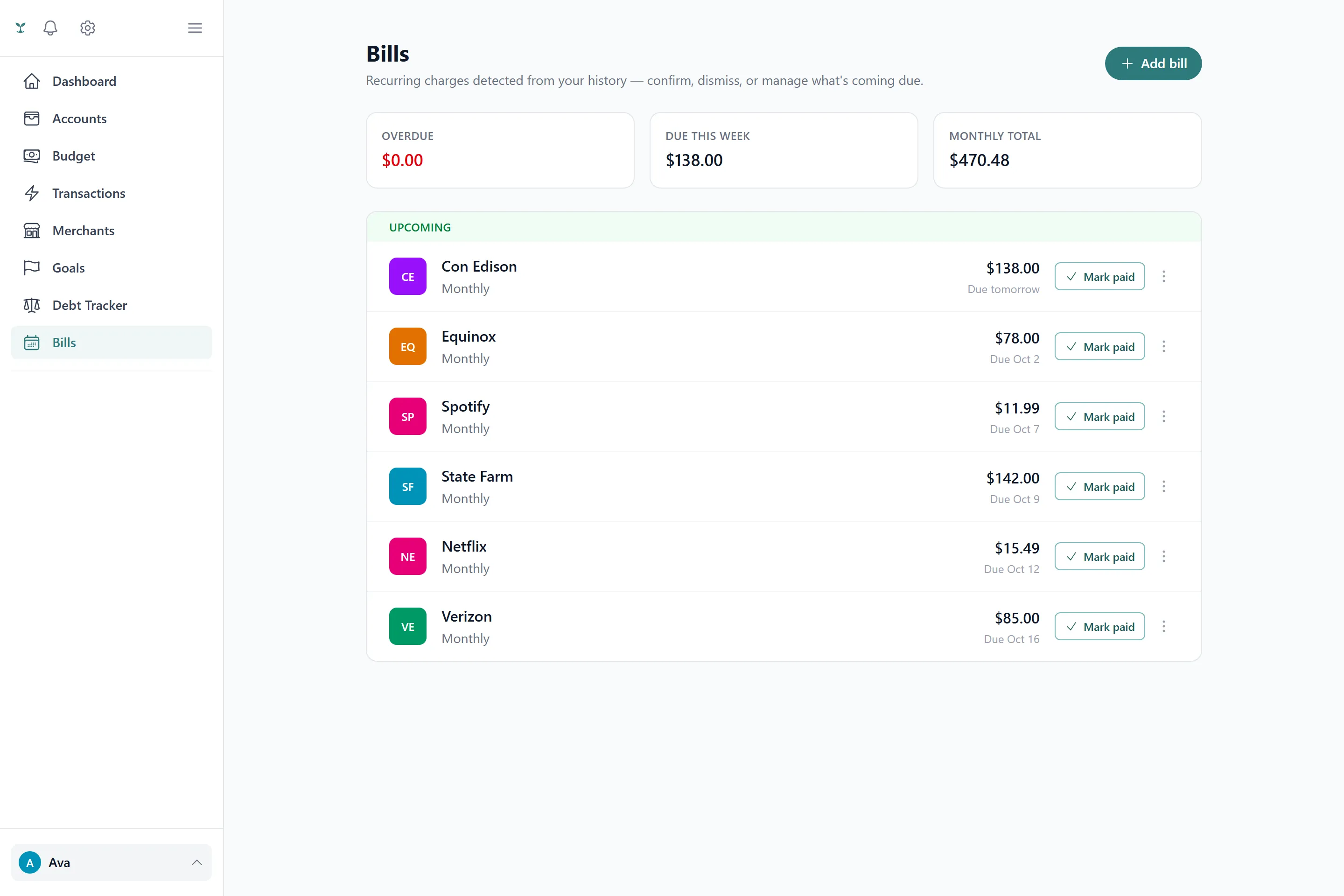 The recurring bills list showing upcoming, overdue and suggested bills.