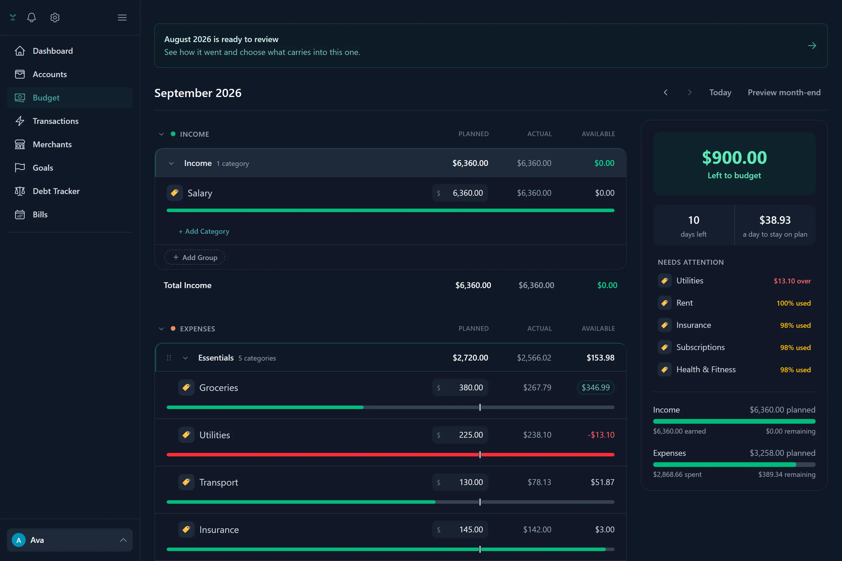 The budget screen with categories grouped by type, each showing planned, spent and remaining amounts with a spending pace marker.