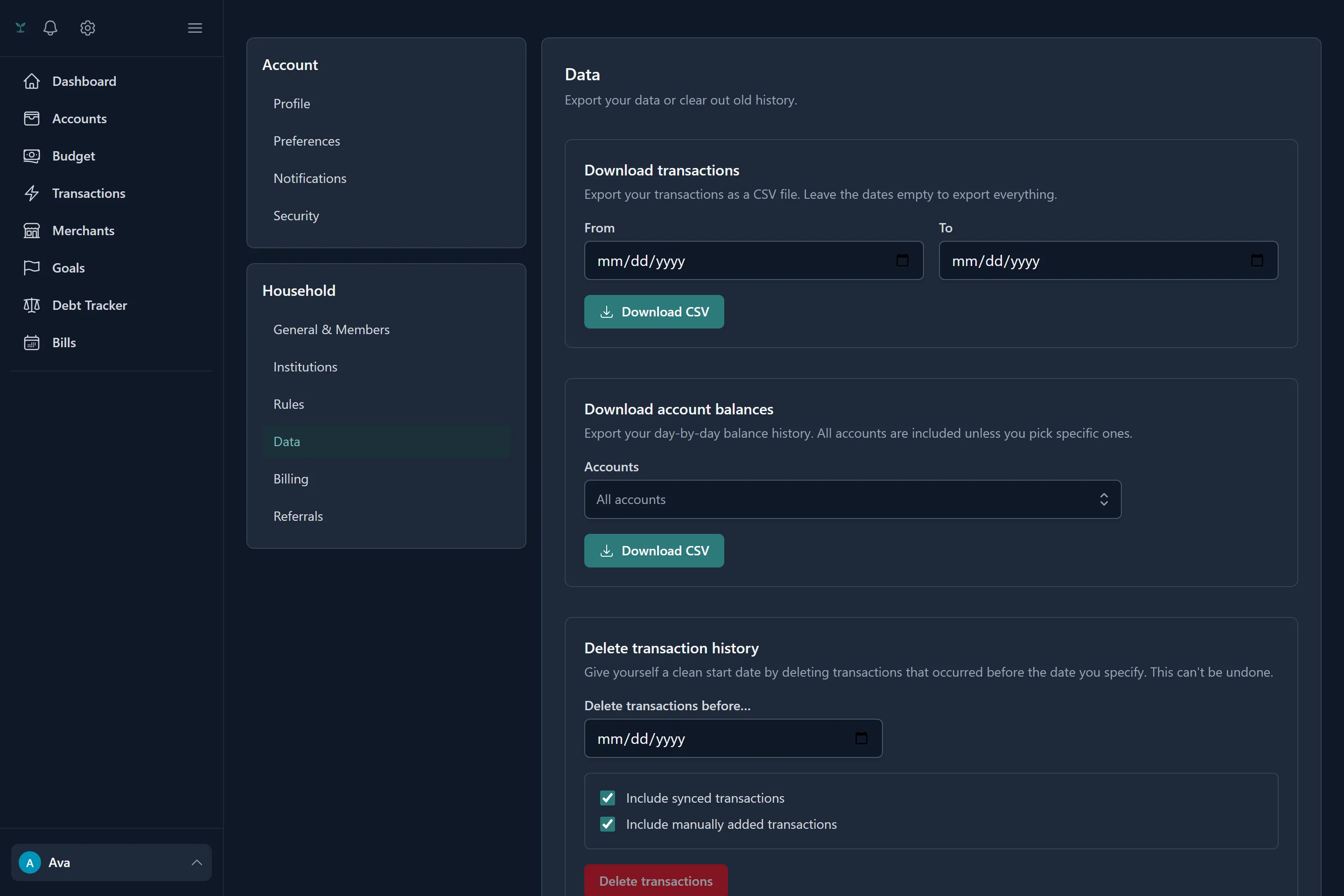 Data settings showing CSV export options for transactions and balance history.