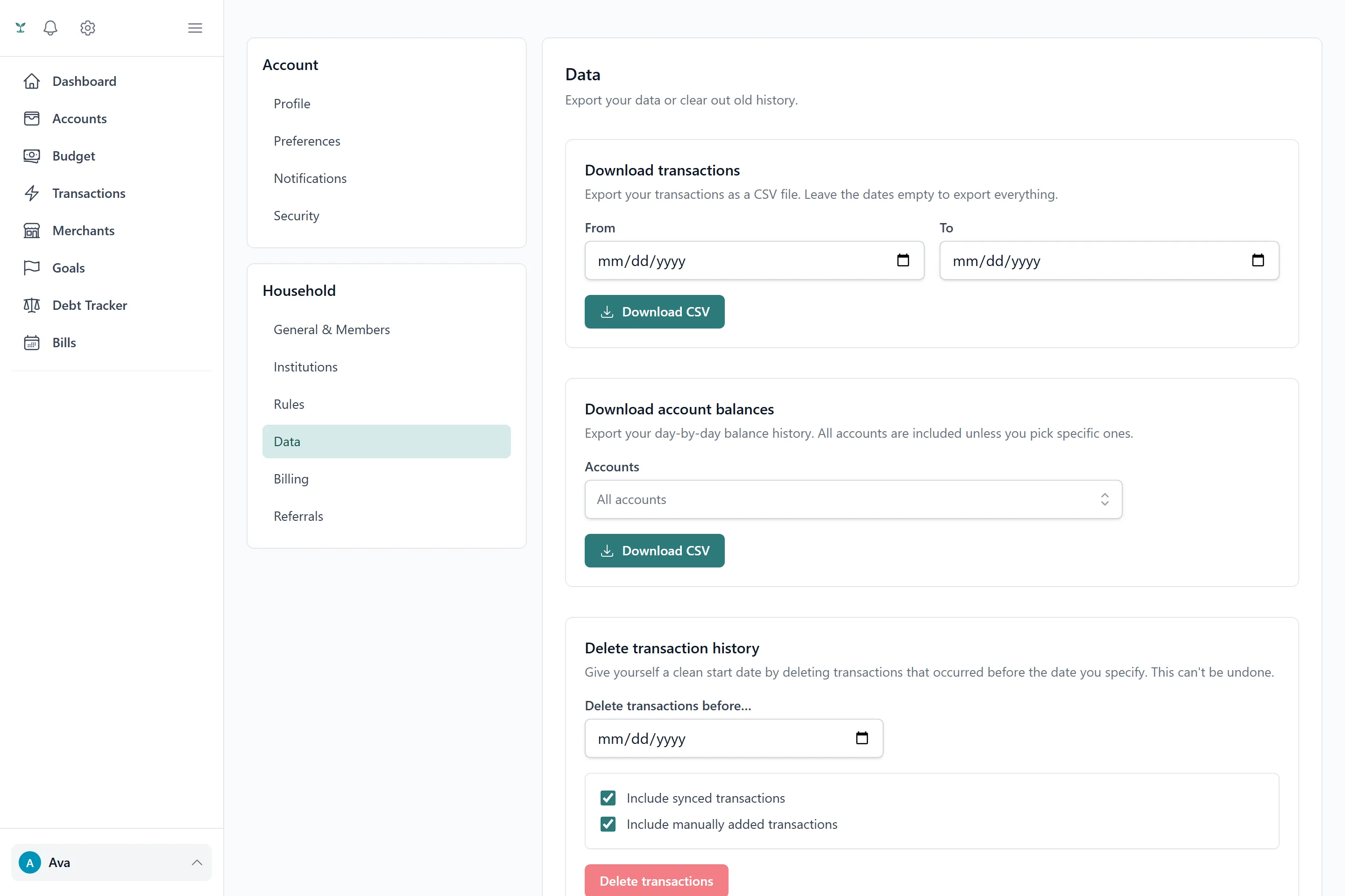 Data settings showing CSV export options for transactions and balance history.