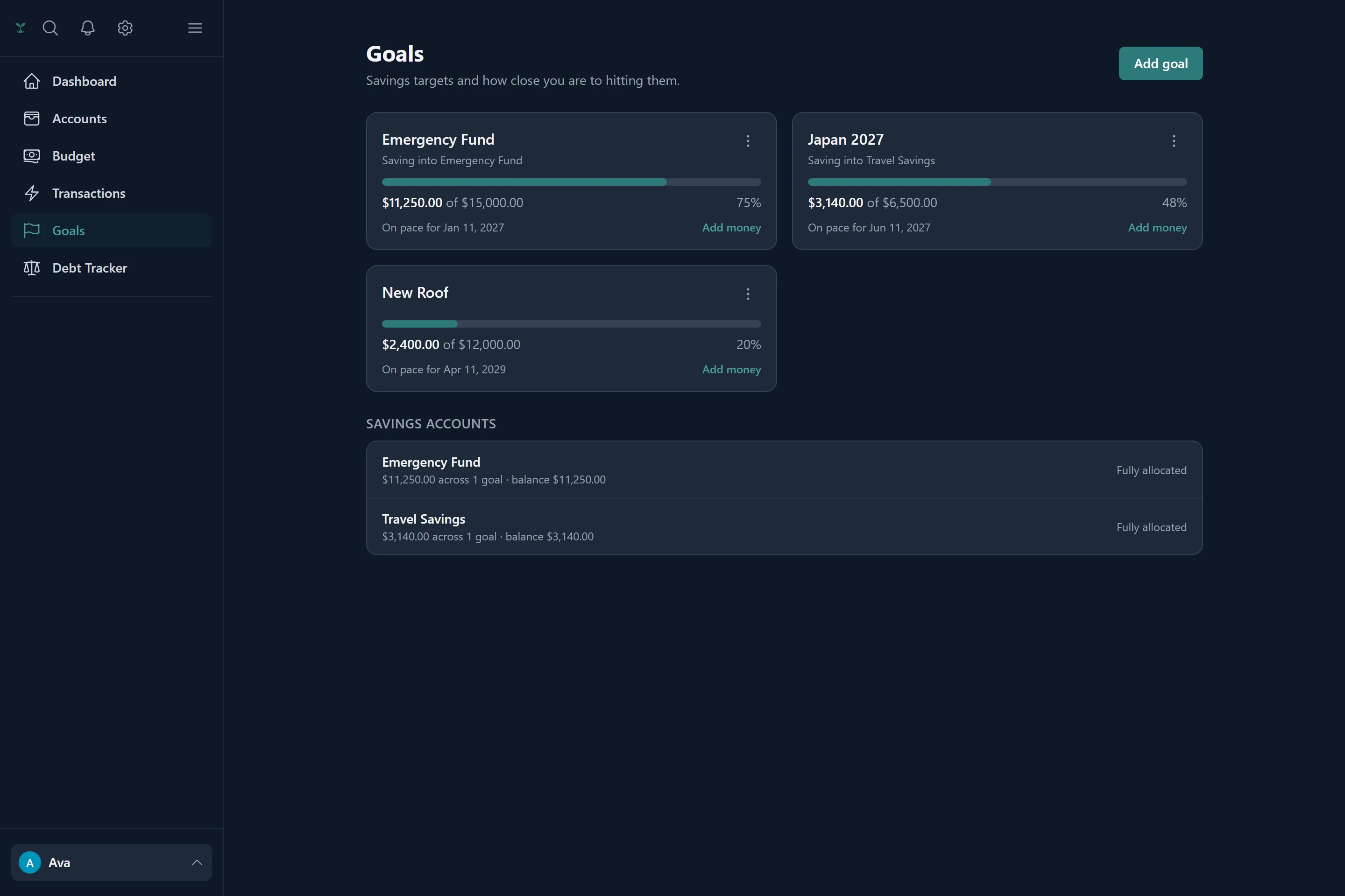 The goals screen showing goal cards with progress bars, target dates and an account allocation summary.