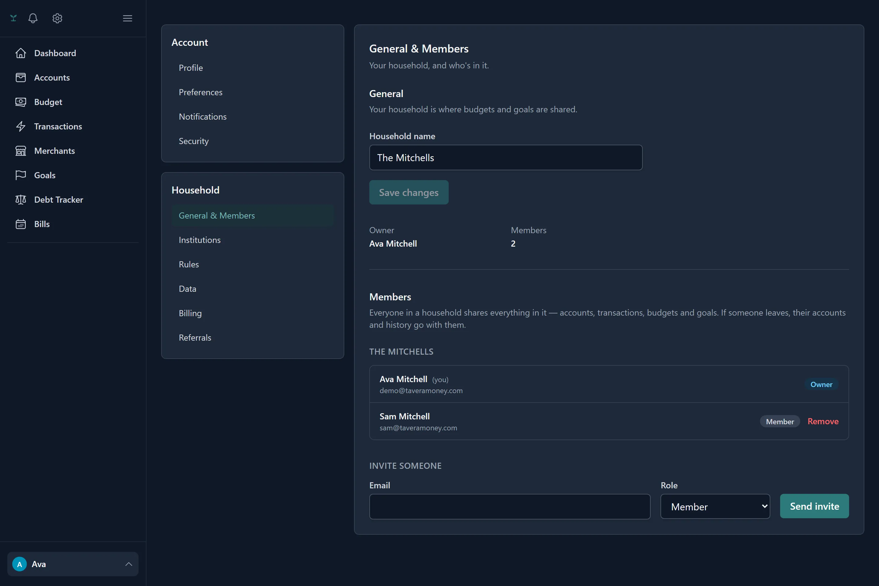 The household members screen showing an owner and members with an invitation pending.