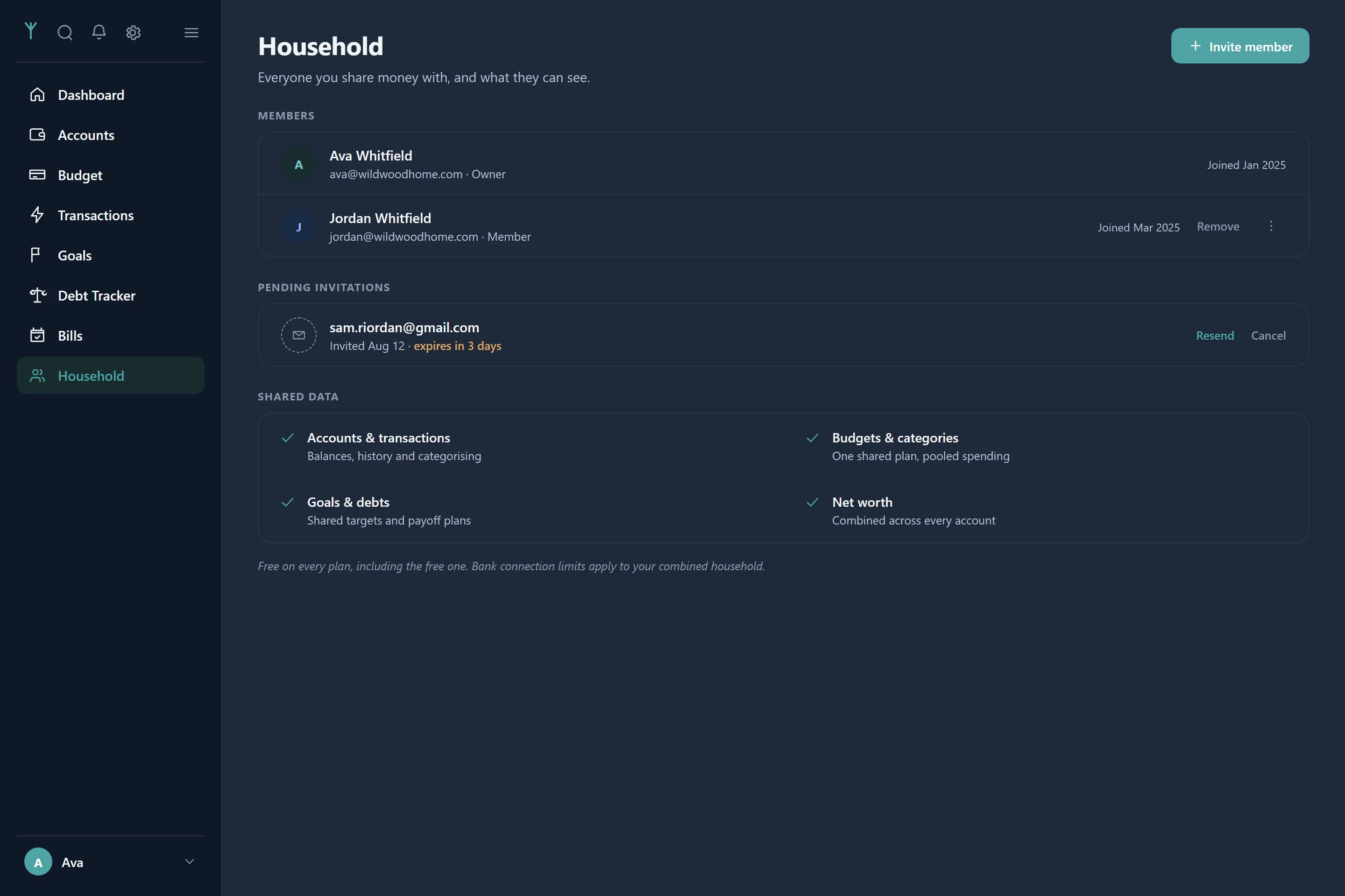 Household settings showing members, pending invitations and shared data.
