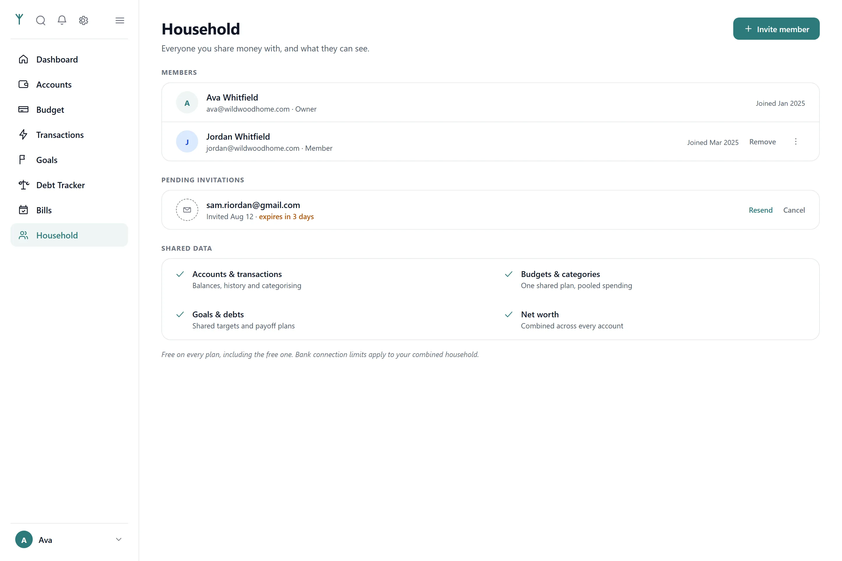 Household settings showing members, pending invitations and shared data.