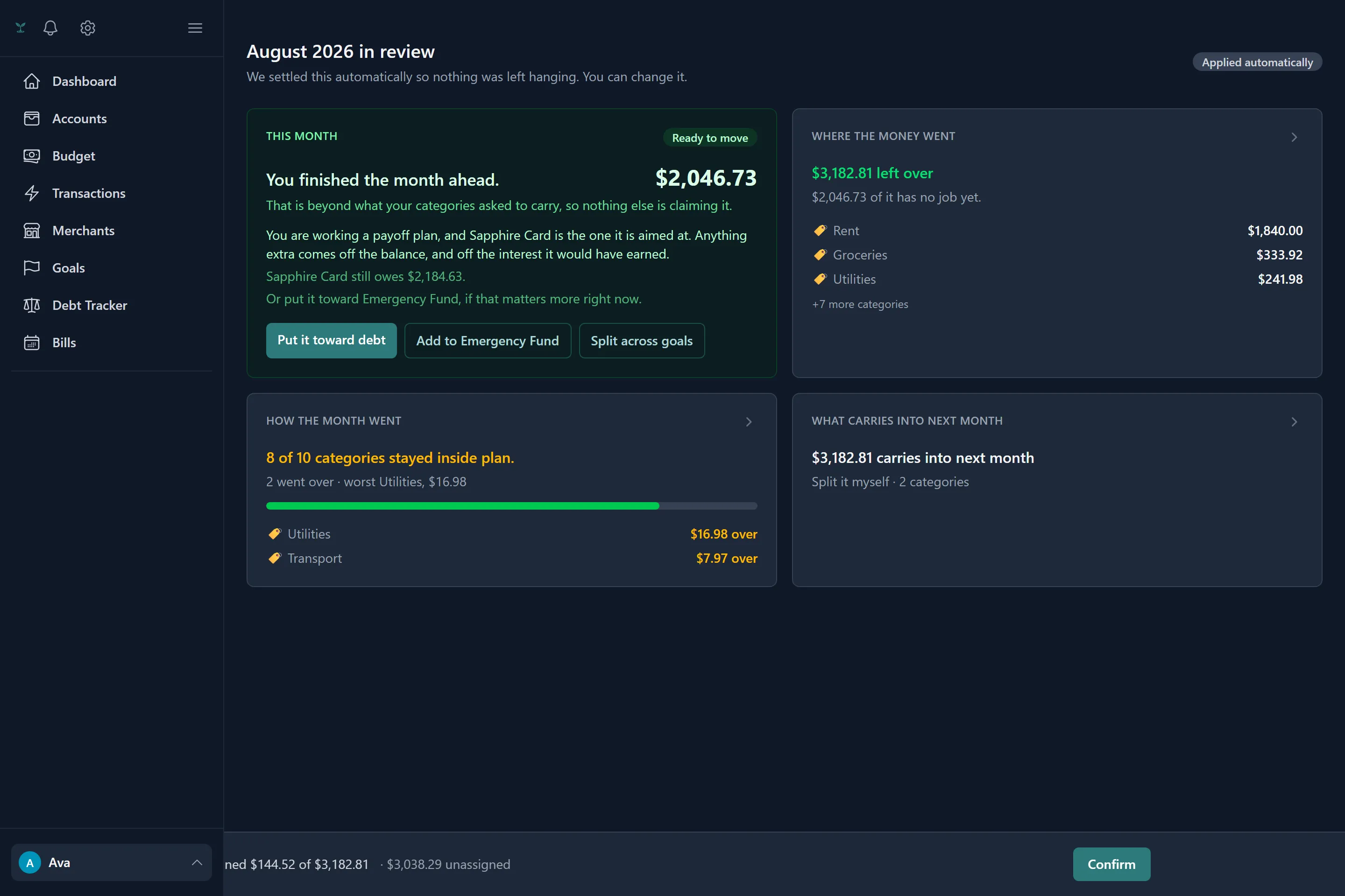 The monthly recap showing the cash pool, over-budget categories ranked worst first, and a coaching summary with next steps.