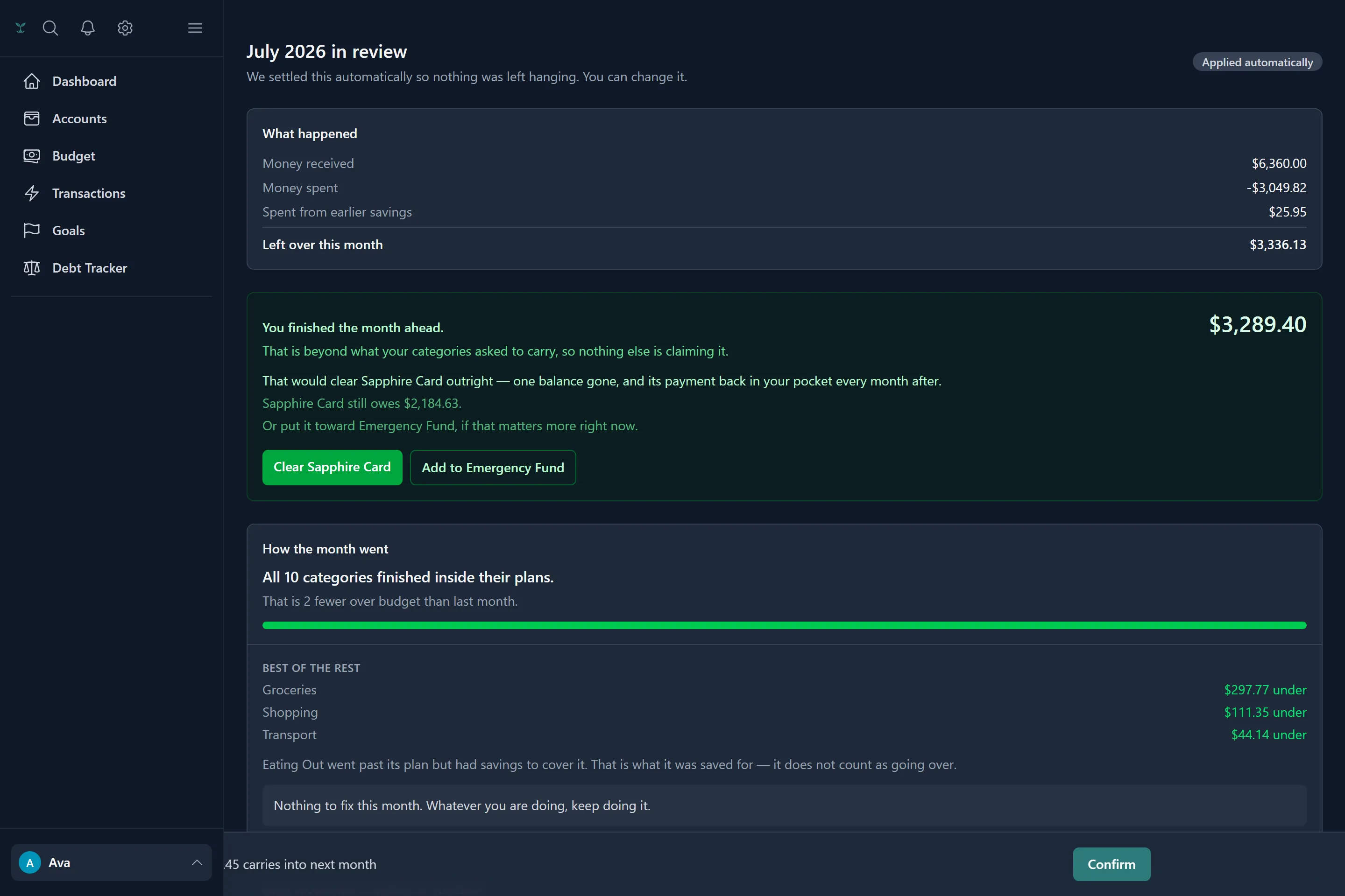 The monthly recap showing the month's cash pool, ranked overspends and a coaching summary.