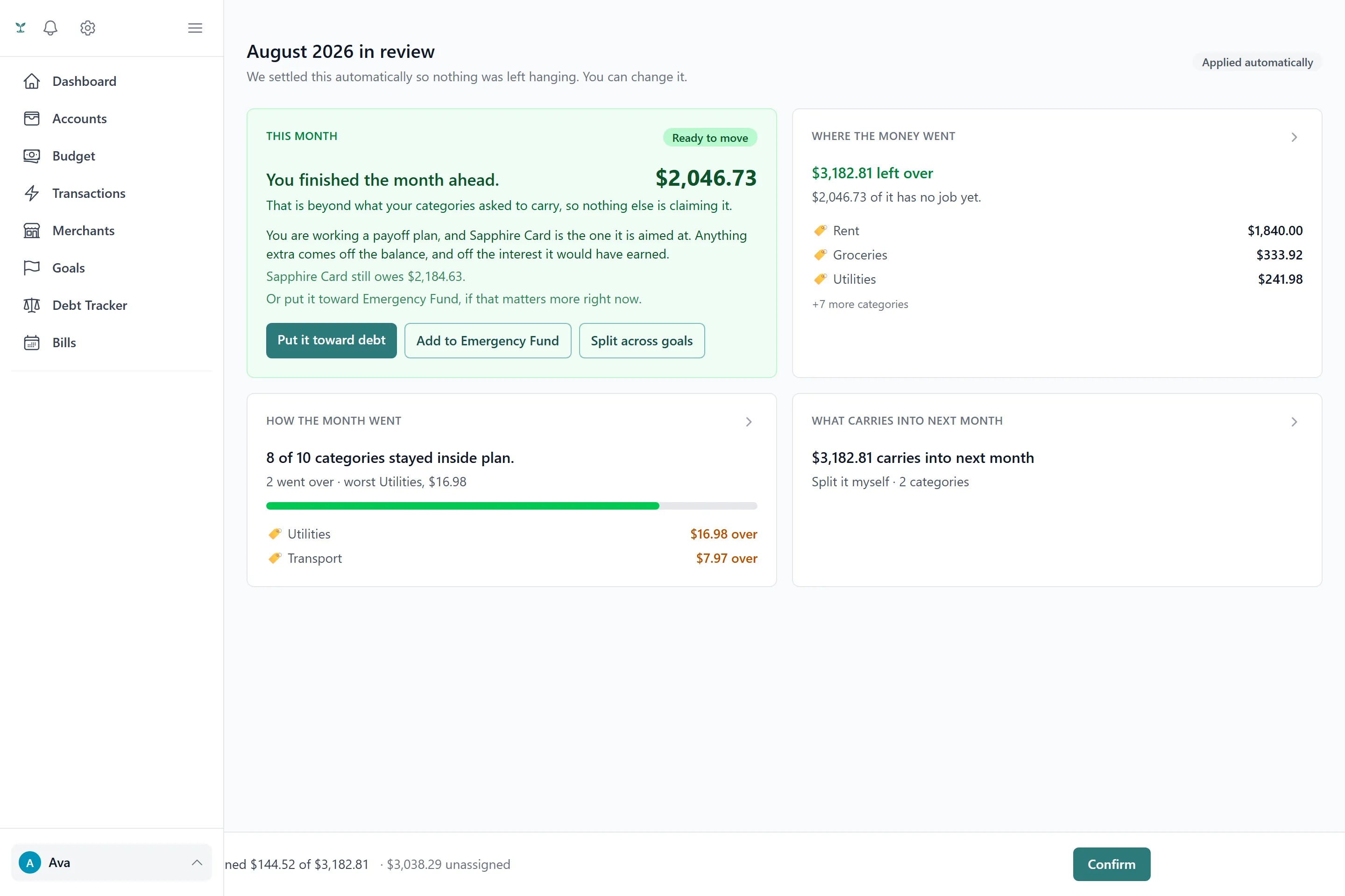 The monthly recap showing the cash pool, over-budget categories ranked worst first, and a coaching summary with next steps.