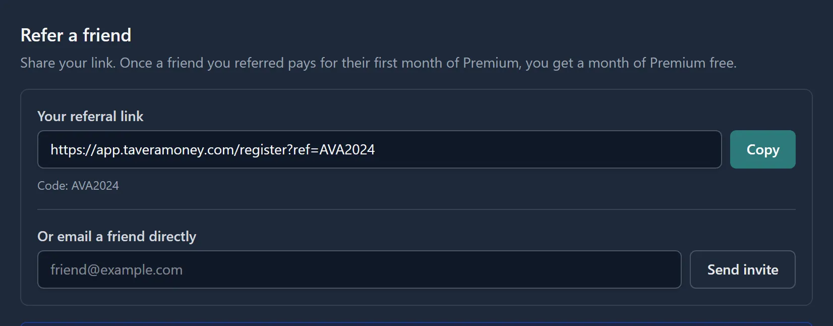 The Settings → Referrals panel showing a personal referral link with a copy button and an email-invite form.