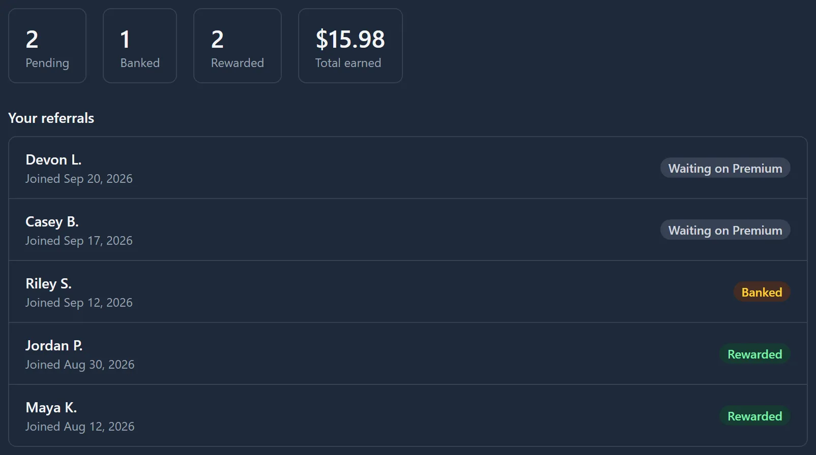 The Settings → Referrals panel showing pending, banked and rewarded referral counts alongside total credit earned.