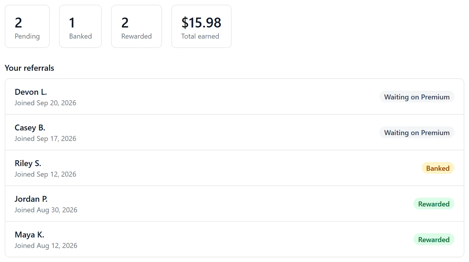 The Settings → Referrals panel showing pending, banked and rewarded referral counts alongside total credit earned.