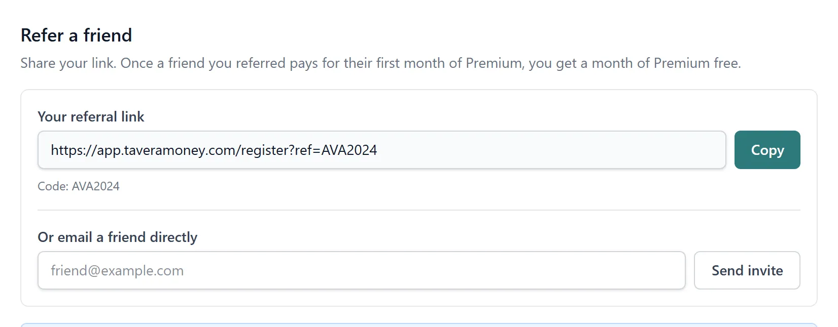 The Settings → Referrals panel showing a personal referral link with a copy button and an email-invite form.