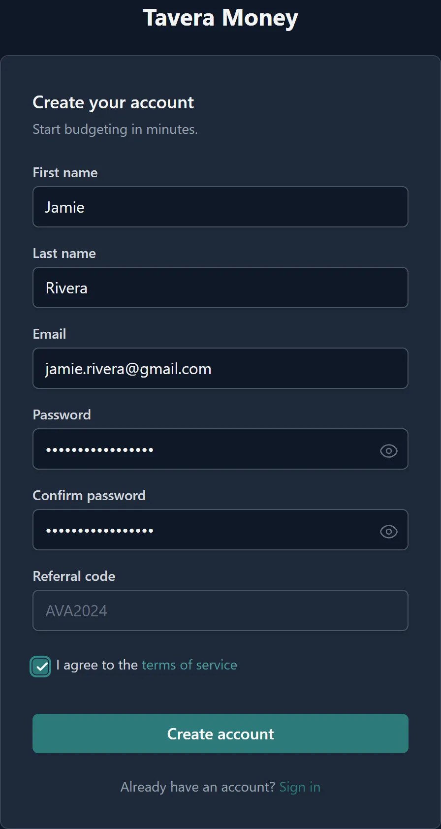 A registration form with a referral code carried through automatically from an invite link.