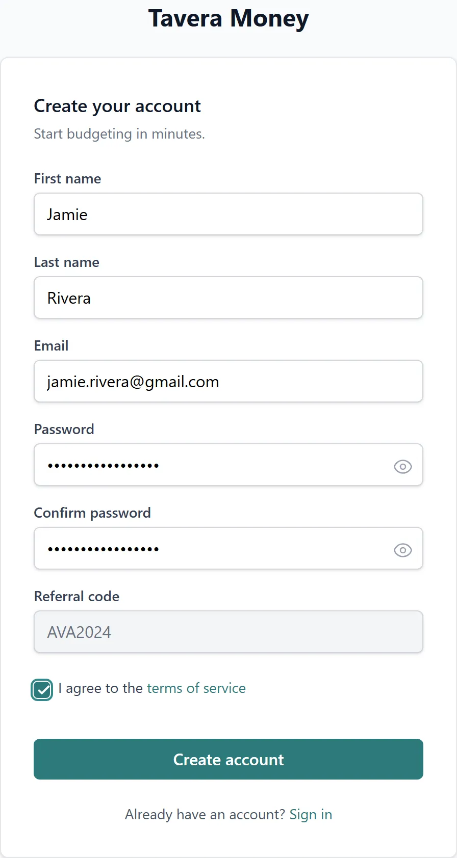A registration form with a referral code carried through automatically from an invite link.