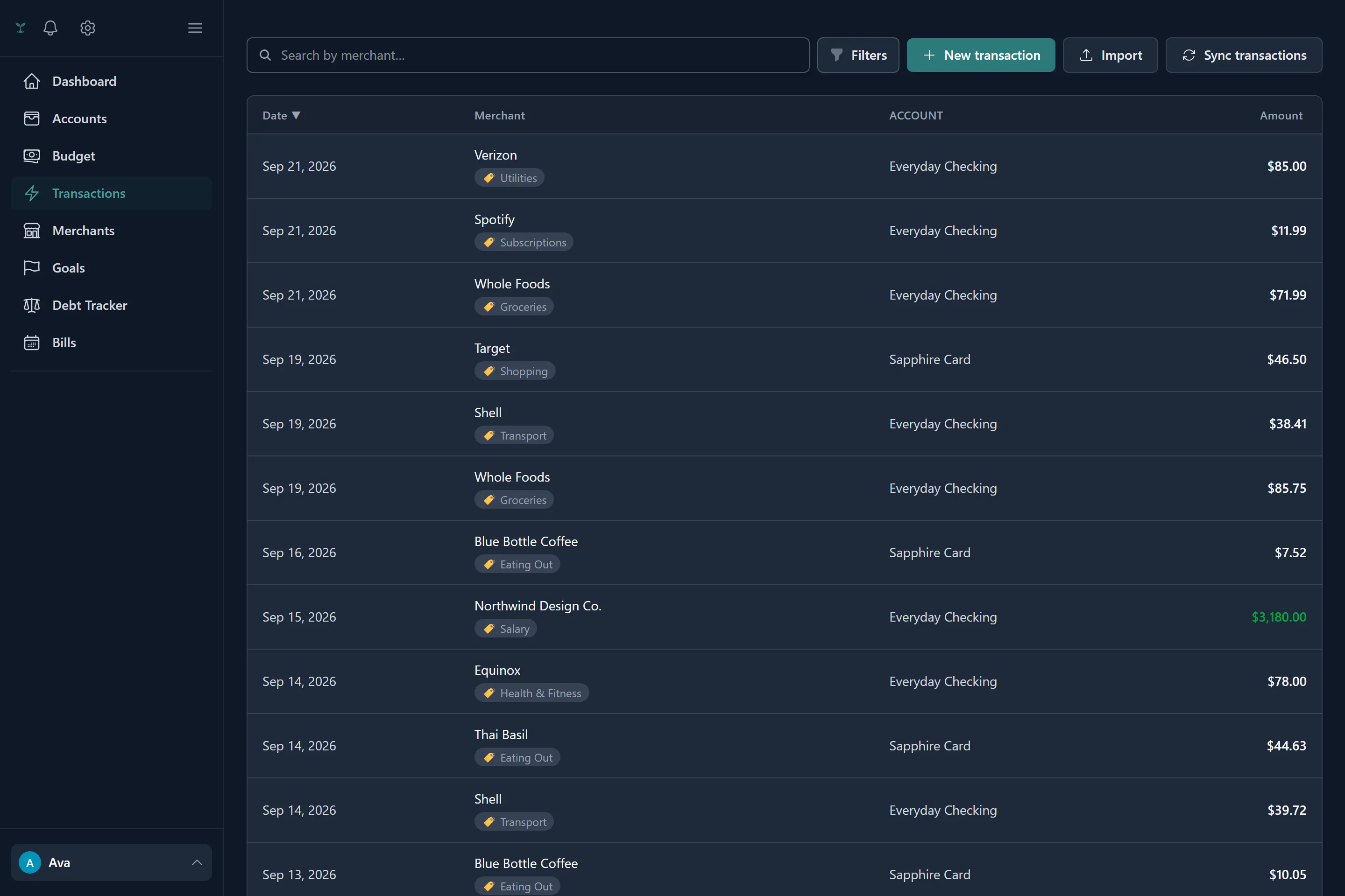 The transactions list with category, source labels and filters.