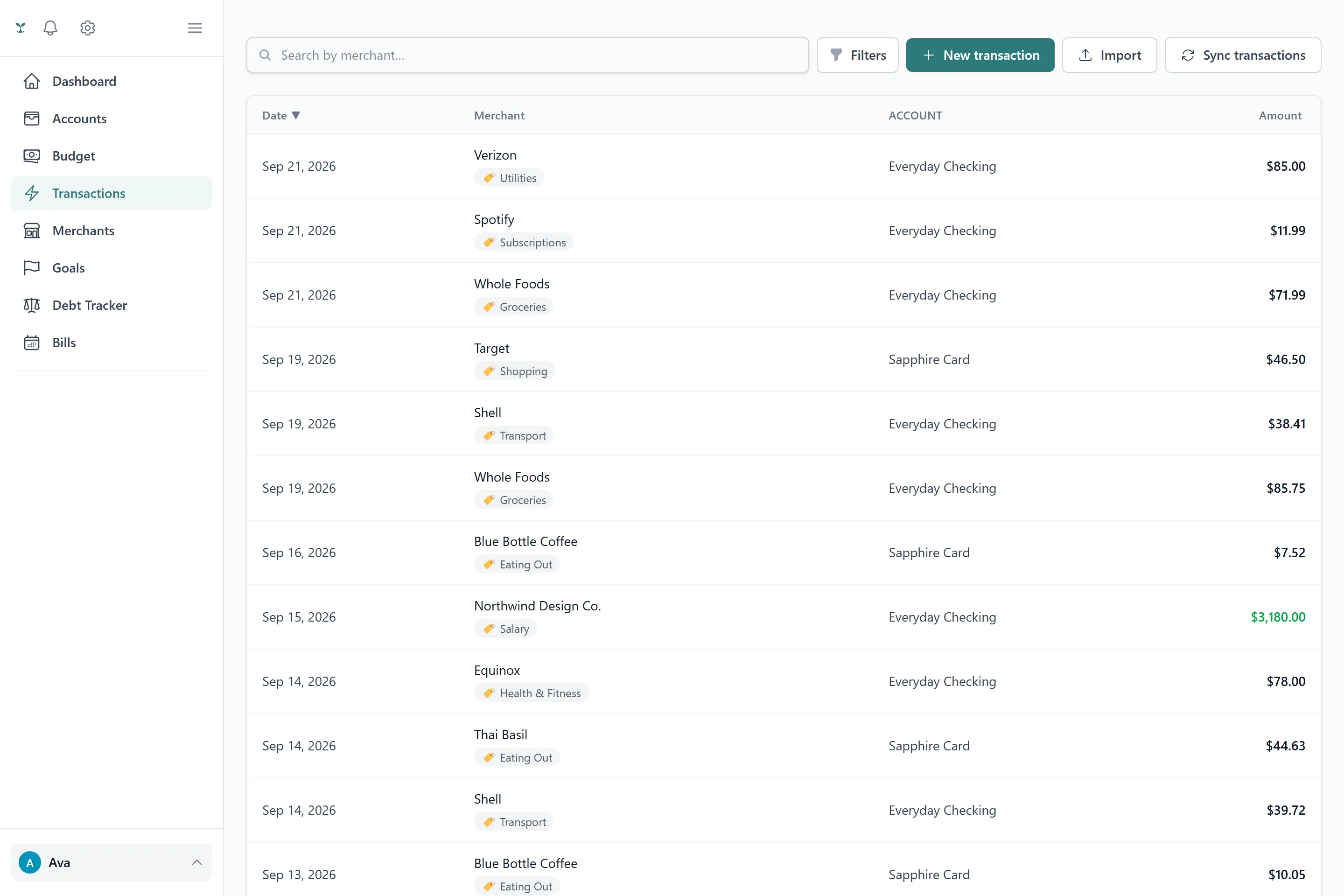 The transactions list with category, source labels and filters.